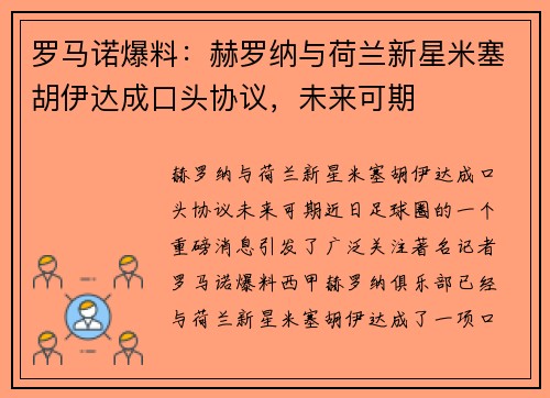 罗马诺爆料：赫罗纳与荷兰新星米塞胡伊达成口头协议，未来可期